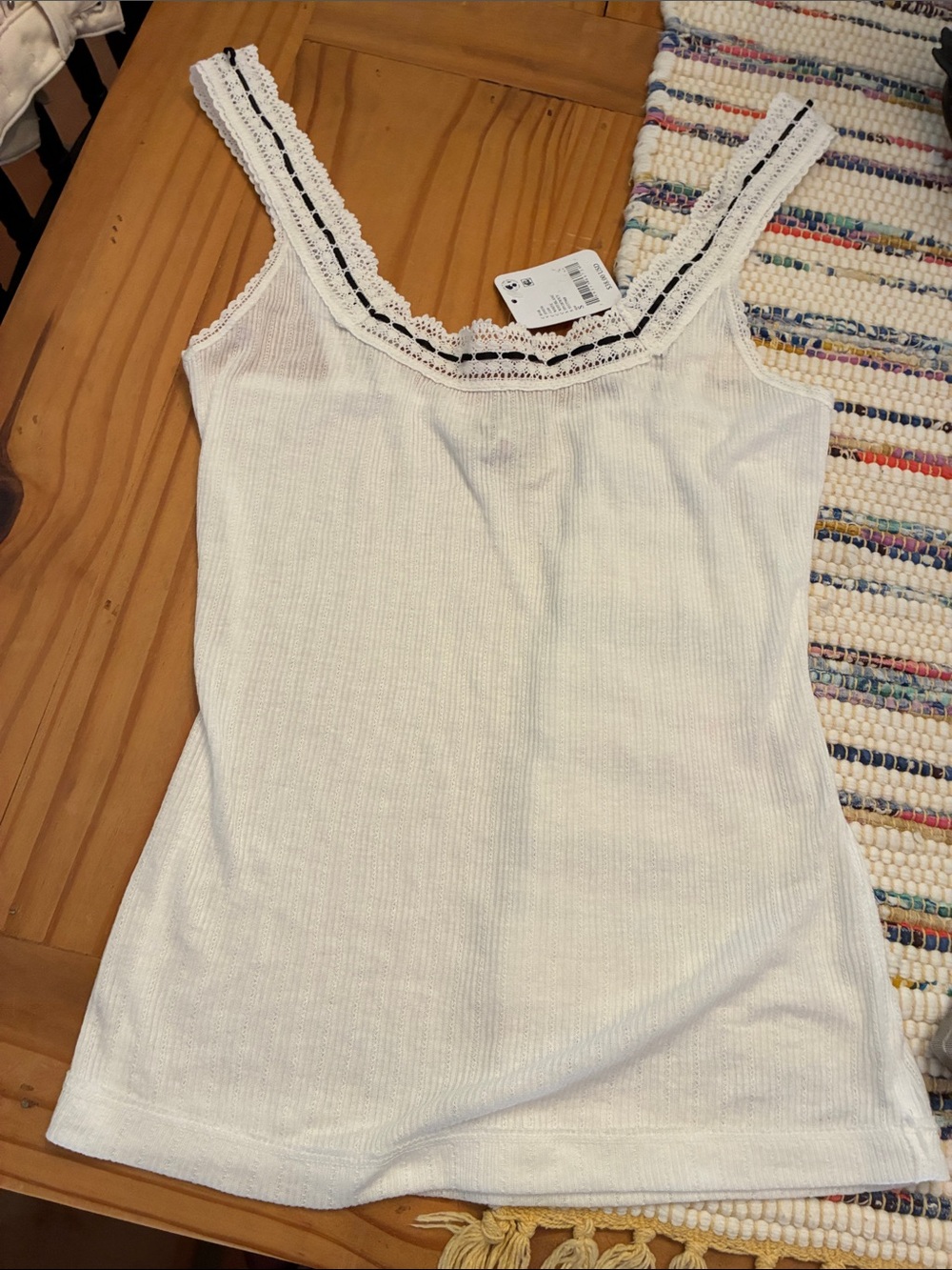 Intimately Free People Women’s White Lace-Trim Ribbed Tank Top, small NWT